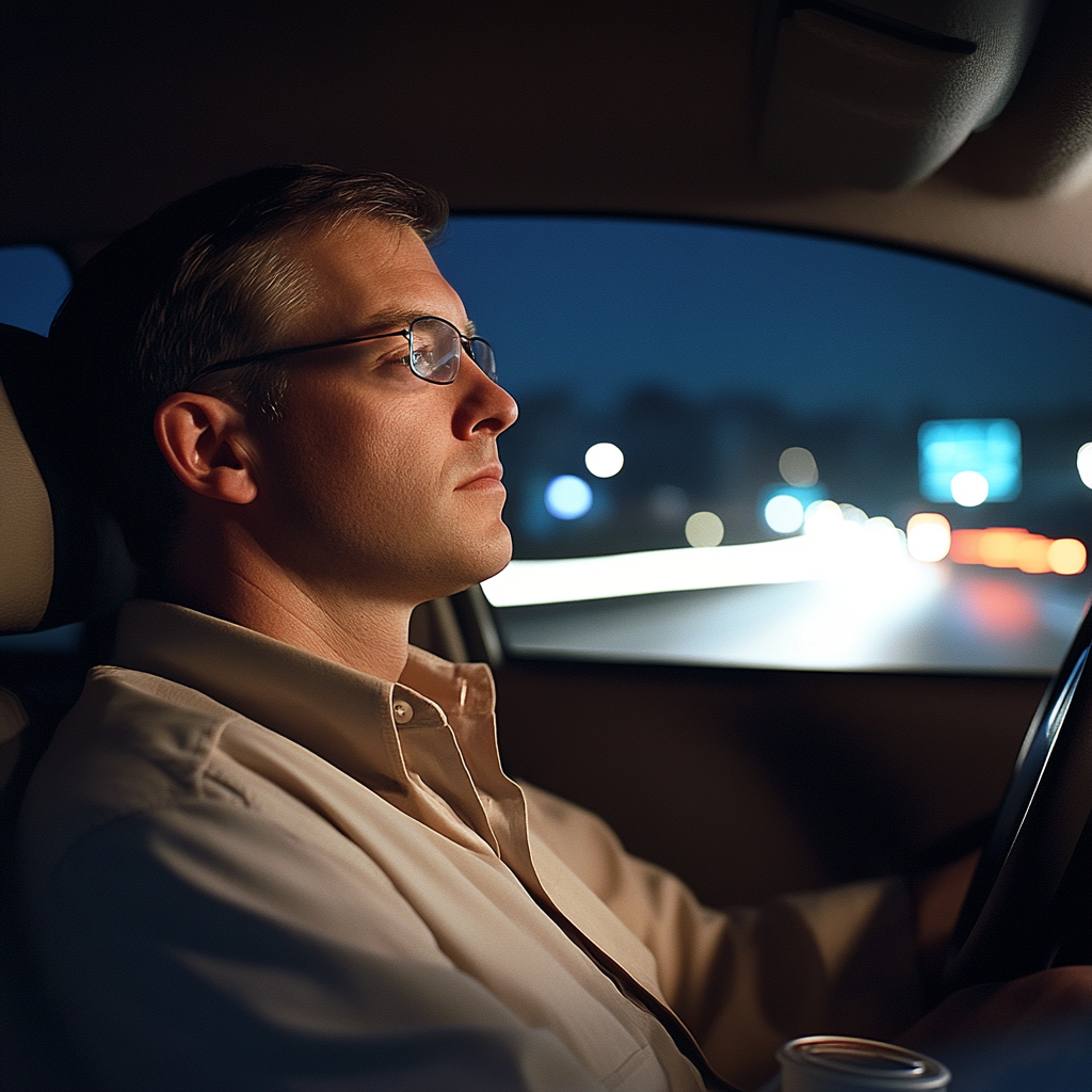 Sleepy driver in car, coffee cup, blurry road.