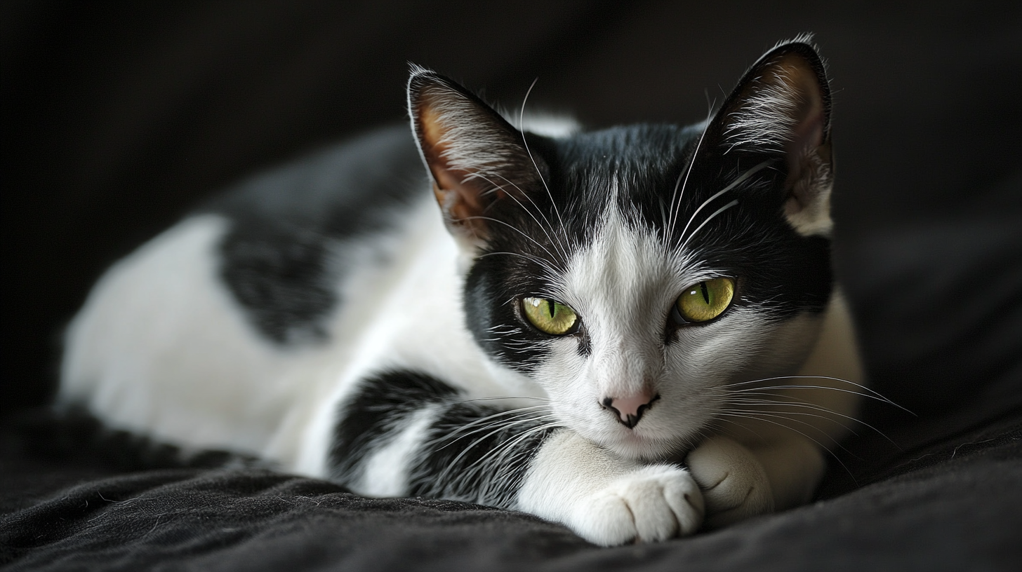 Slender domestic cat with beautiful green eyes, spotted fur.