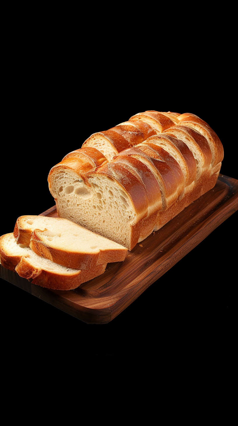 Sliced sourdough bread on wooden board, dark background