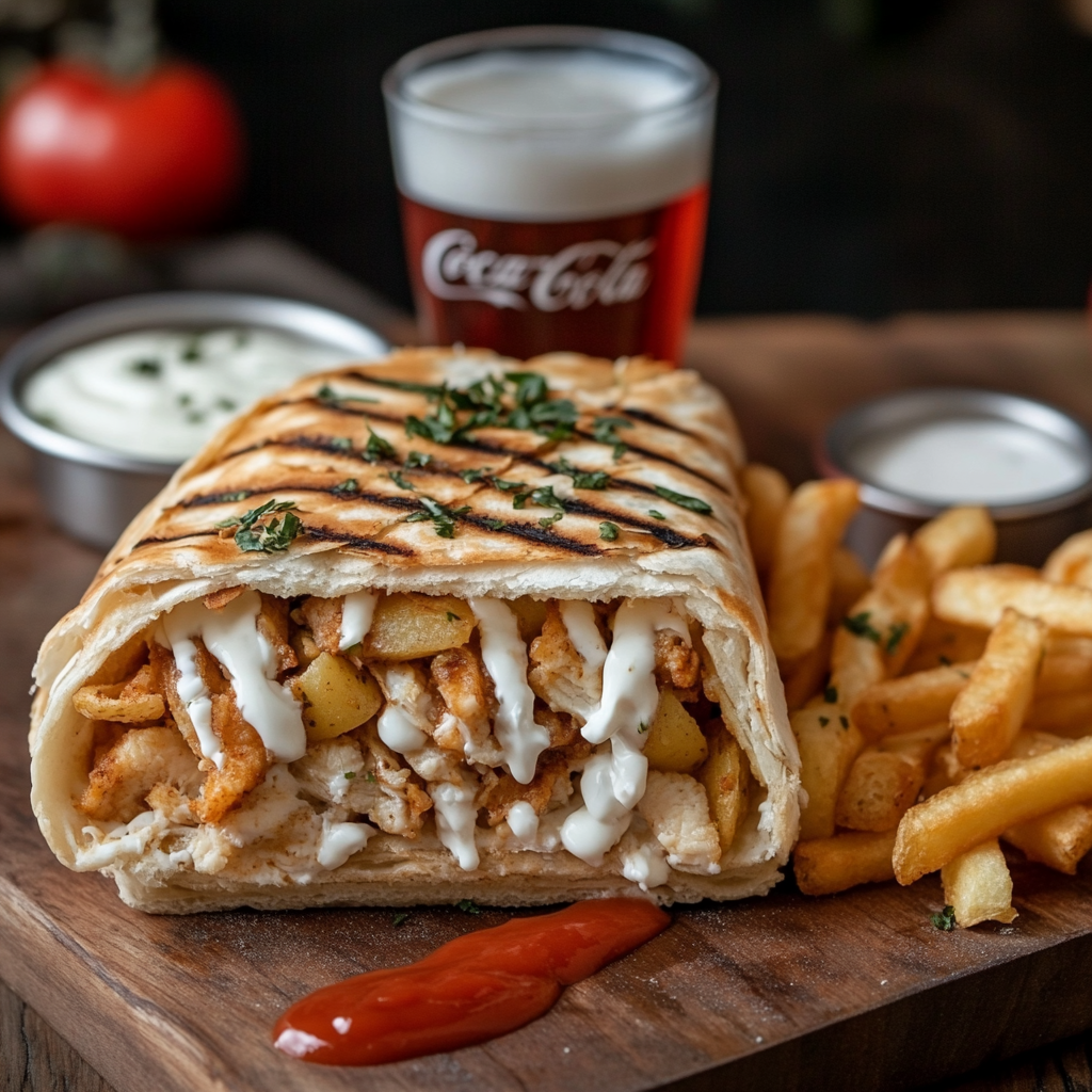 Sliced tacos sandwich with fries and Coca-Cola drink.