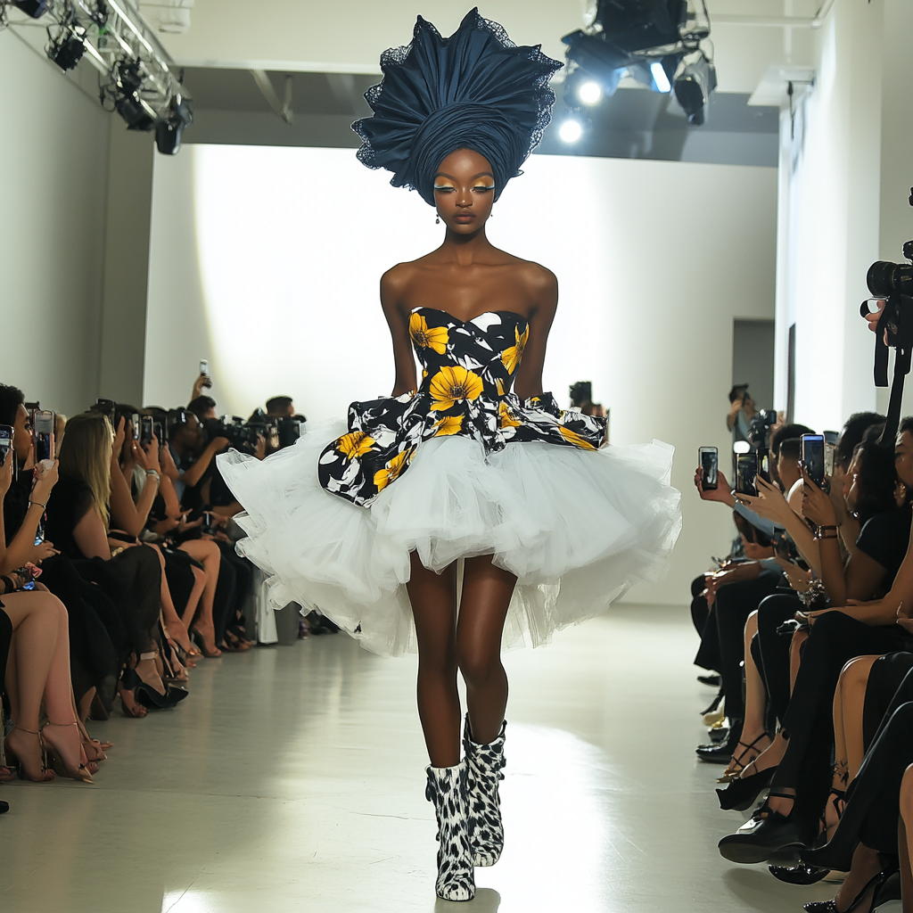 Slim black woman model in black and white outfit walking on fashion runway surrounded by photographers and audience members.