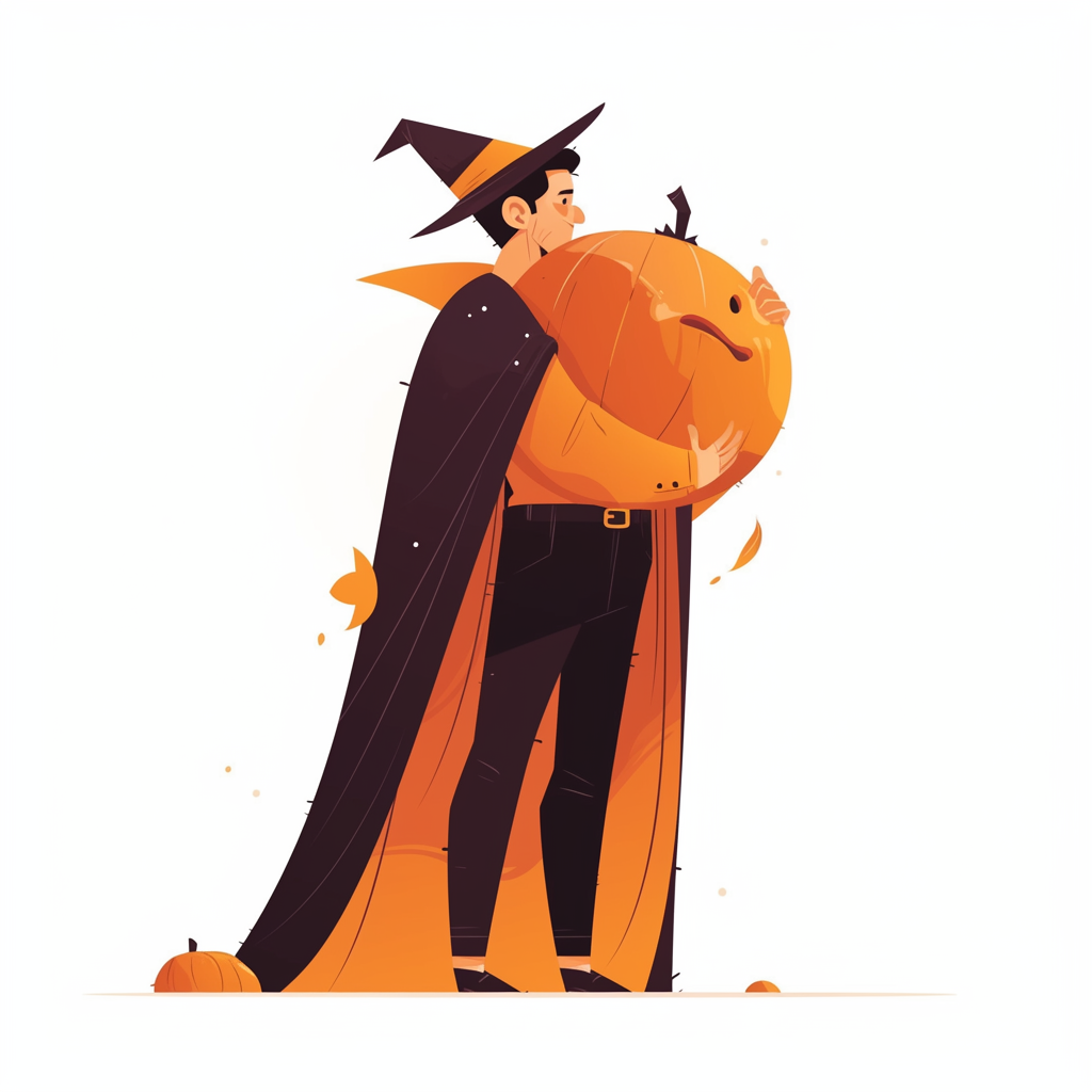 Slim man in costume holding pumpkin, looking around.