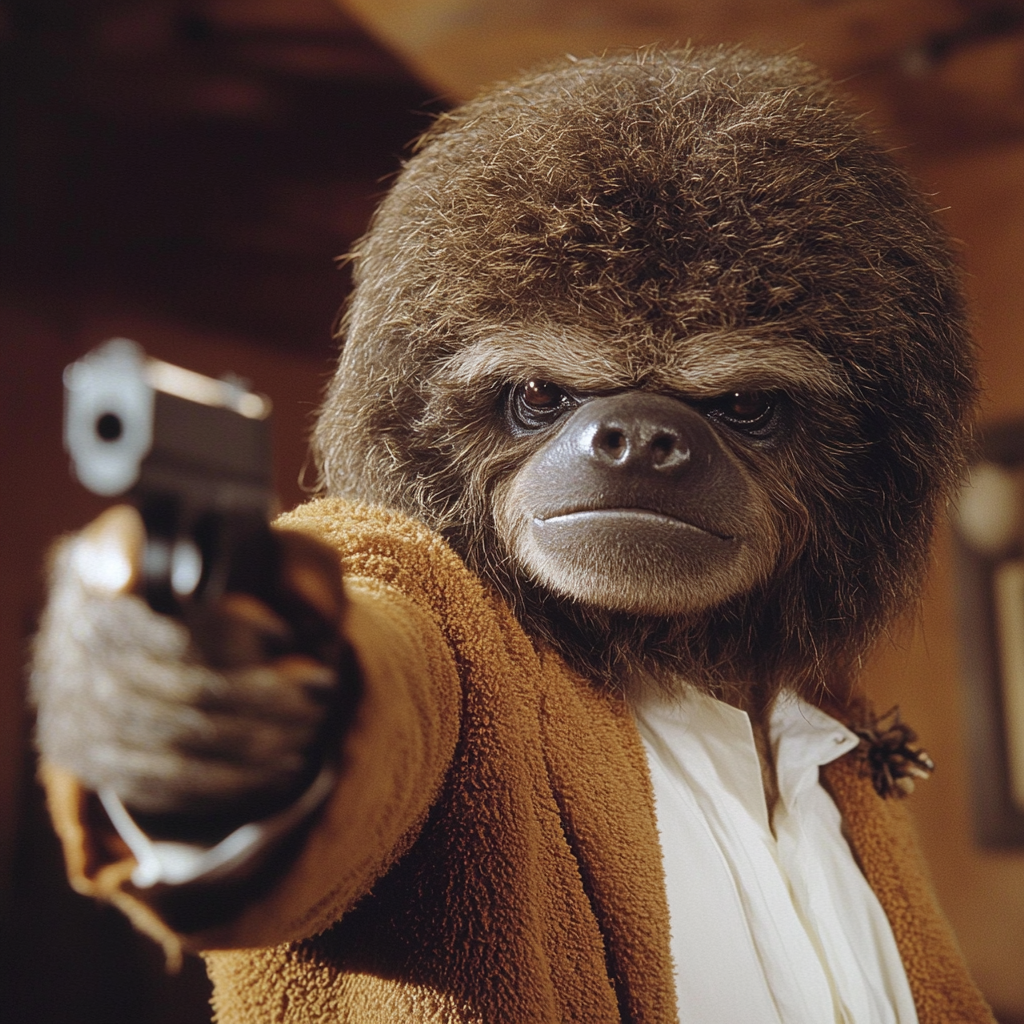 Sloth dressed as Jules from Pulp Fiction movie scene.