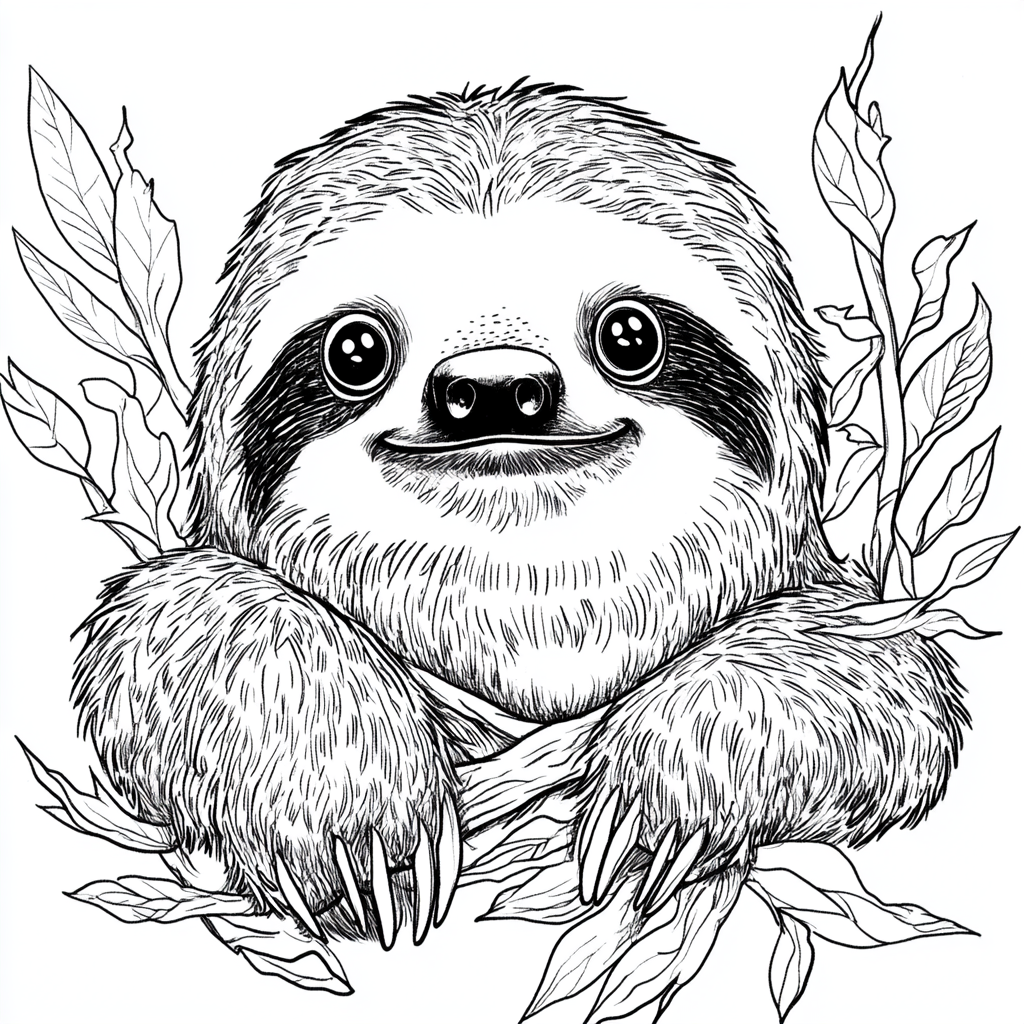 Sloth with big head, eyes in nature illustration page