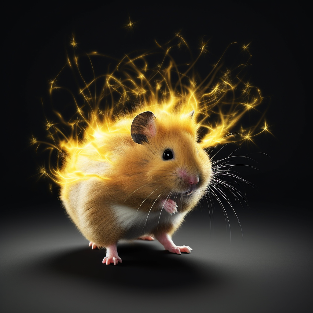 Small, energetic hamster emits electricity with large tail.