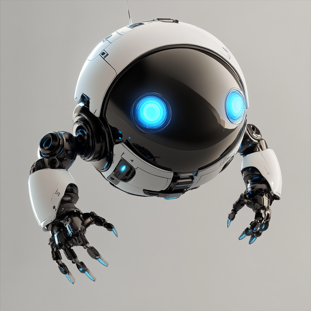 Small, floating robot with futuristic design and tools for exploration.