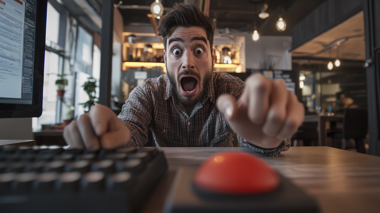 Small Business Owner Shocked Pressing Red Start Button