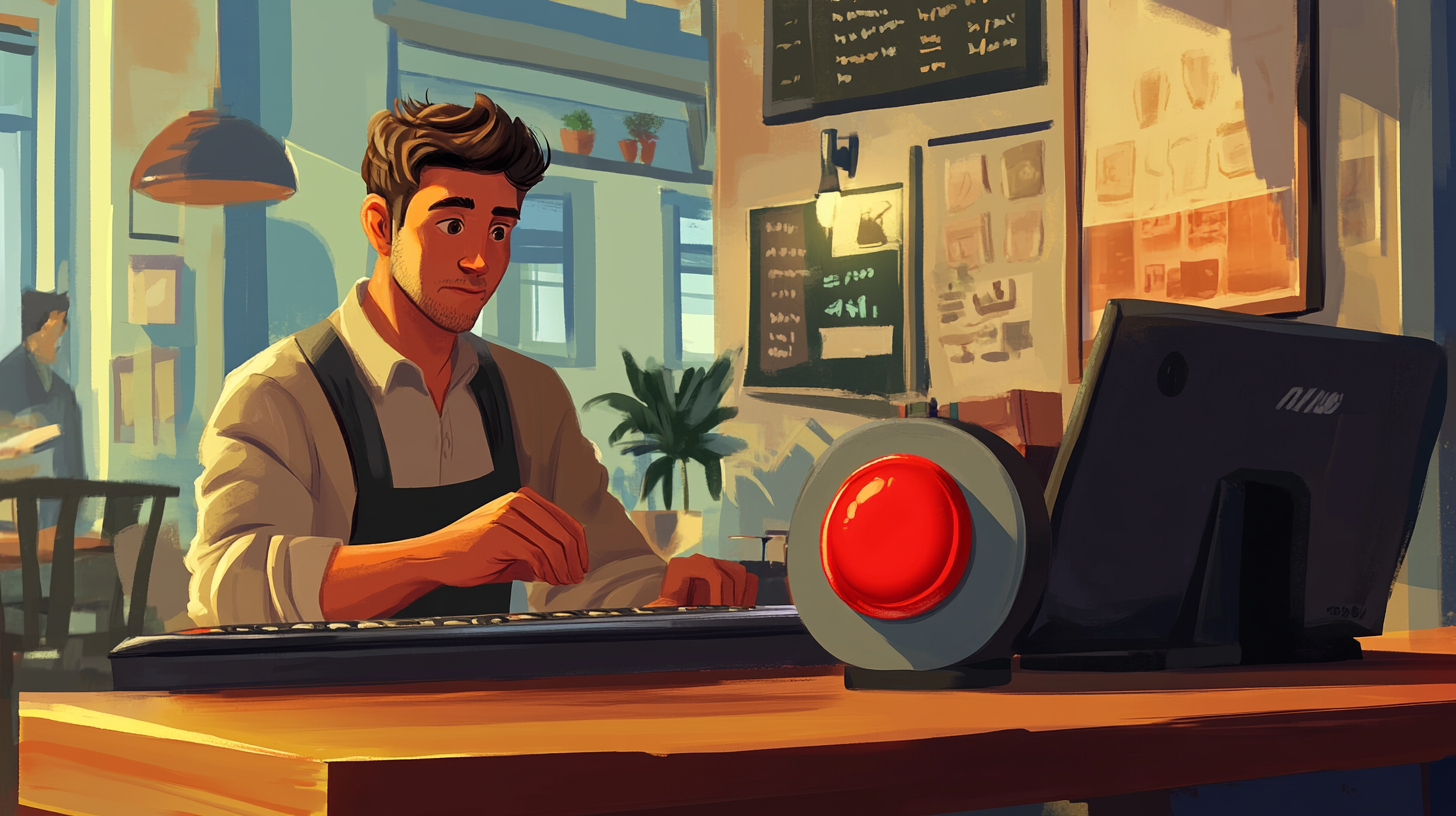 Small Business Owner in Restaurant Presses Red Start Button