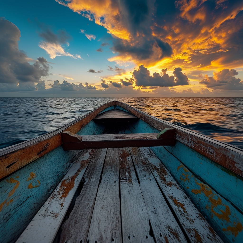 Wooden boat floating in Caribbean waters at dawn