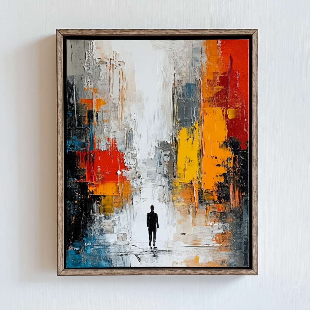 Small abstract city painting with man on wall.