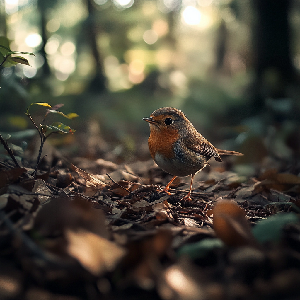 Small bird in forest with branches, leaves, realistic lighting.