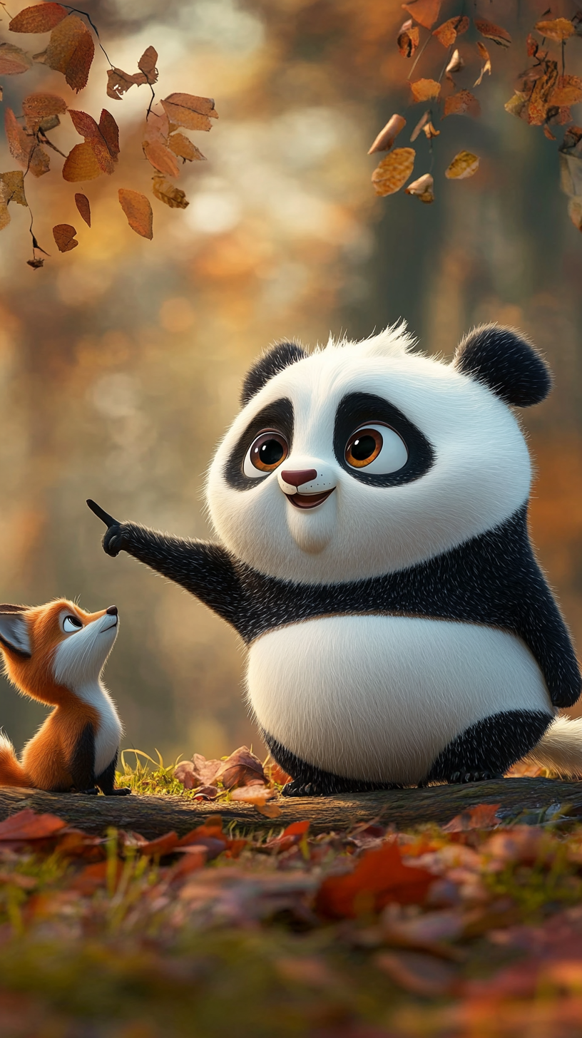 Small bird shows cute panda and fox a clue.