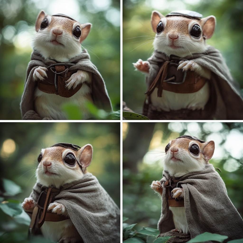 Small brown and white squirrel in forest scenes.