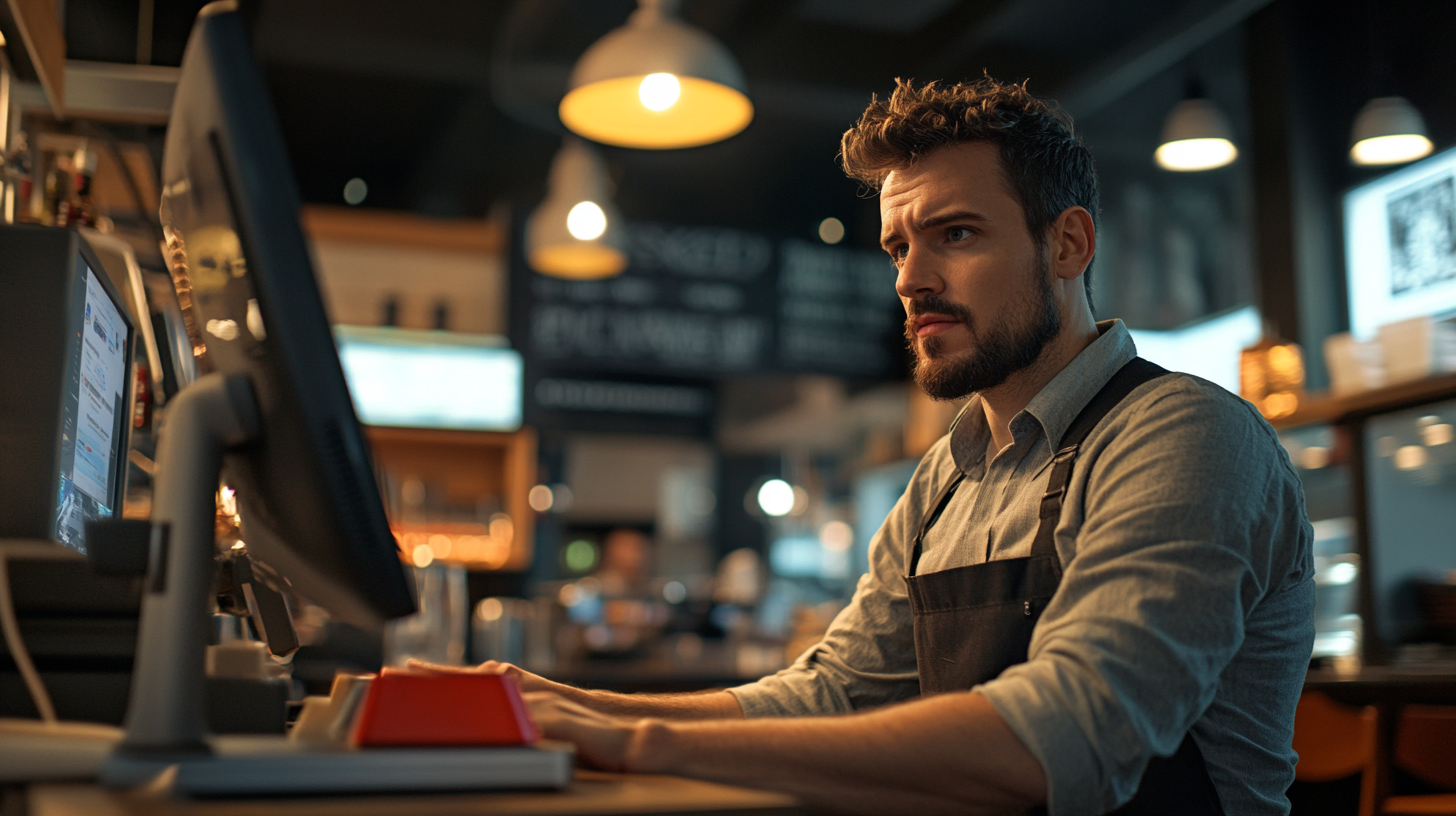 Small business owner pressing large red button