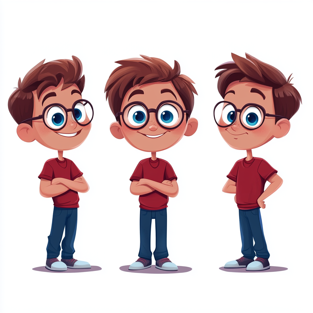 Small cartoon avatar boy in 3 poses: happy, thinking, worried.