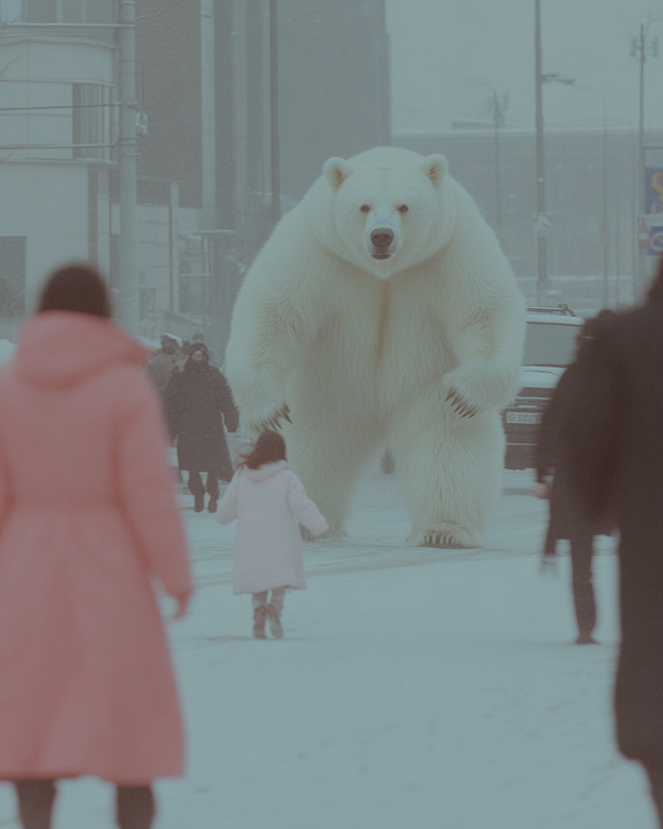 Small child fights bear, people flee, chaos captured.