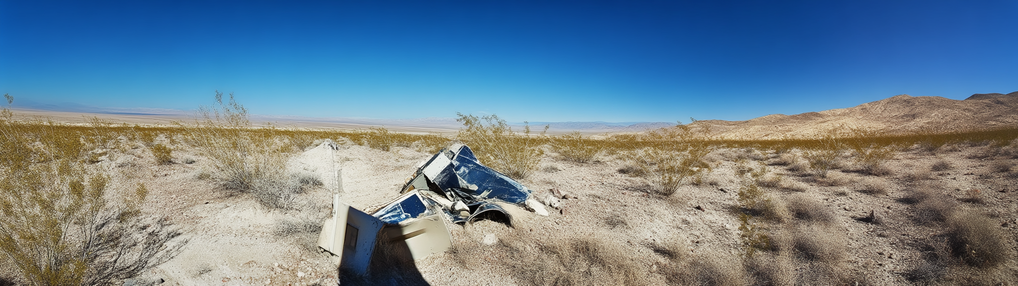 Small crashed satellite in Nevada desert with compression artefacts.