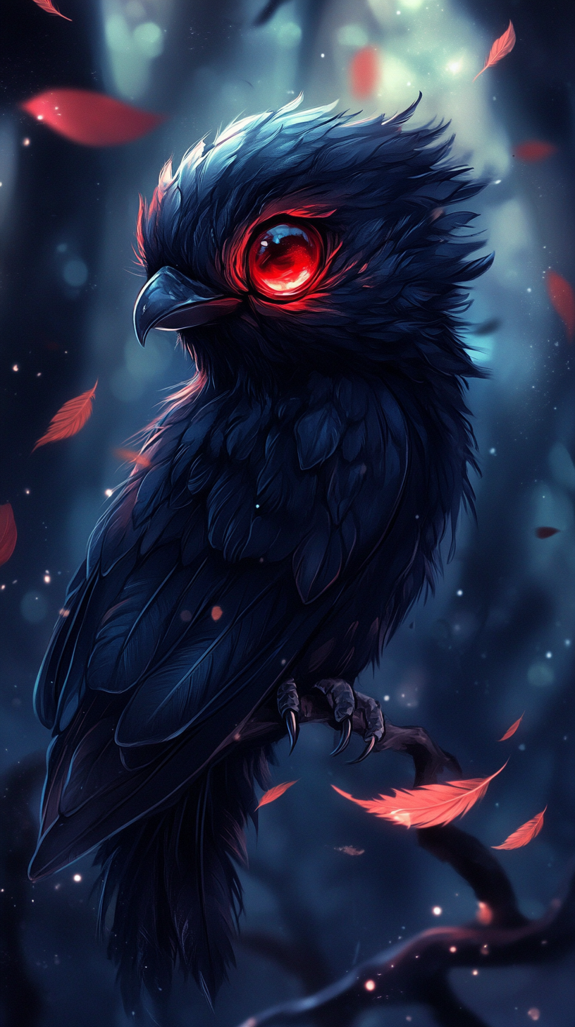 Small dark power bird with glowing red eyes, forest background.