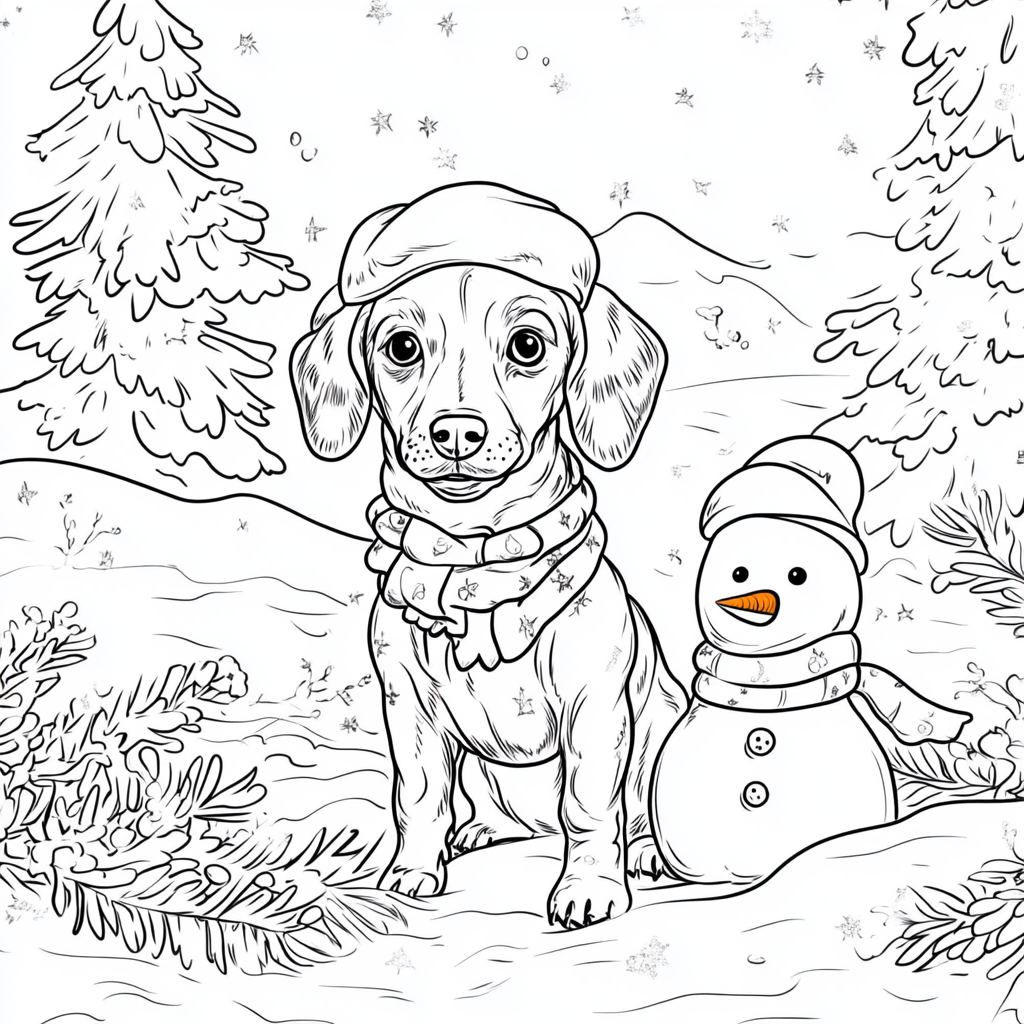 Small dog with snowman on coloring page.