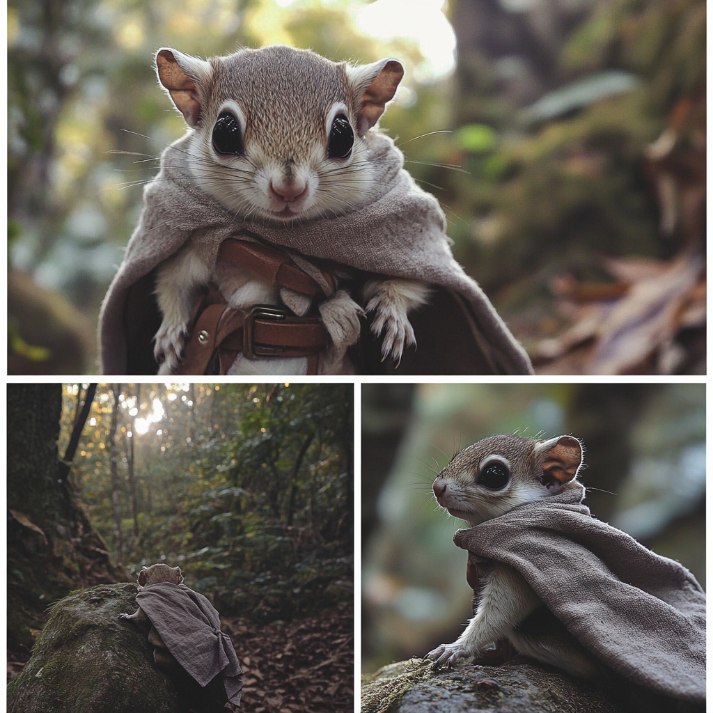 Small flying squirrel in forest wearing cloak. Moody scenes.