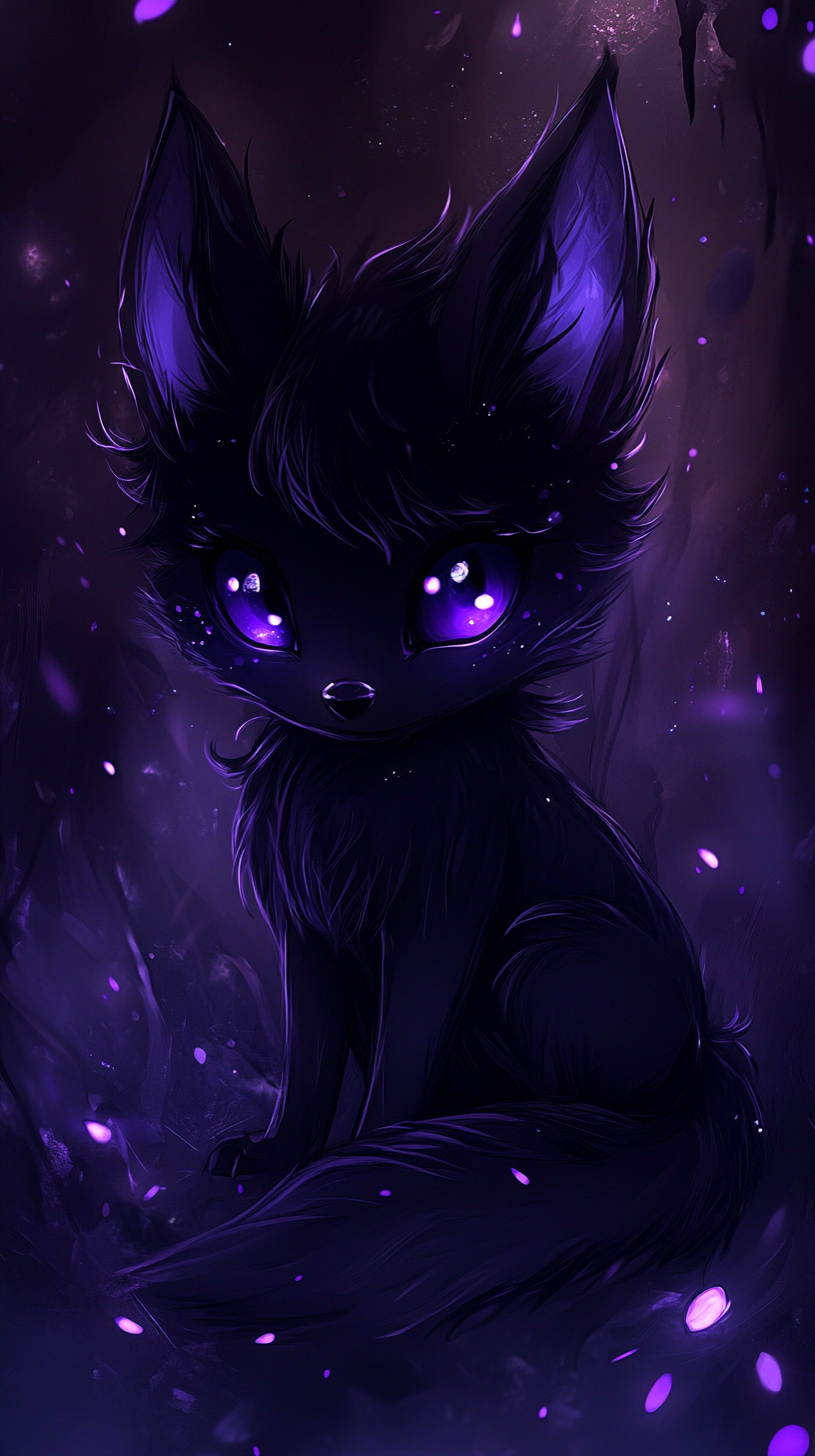 Small fox with dark powers, deep black fur, glowing purple eyes, shadowy aura, starry night background.