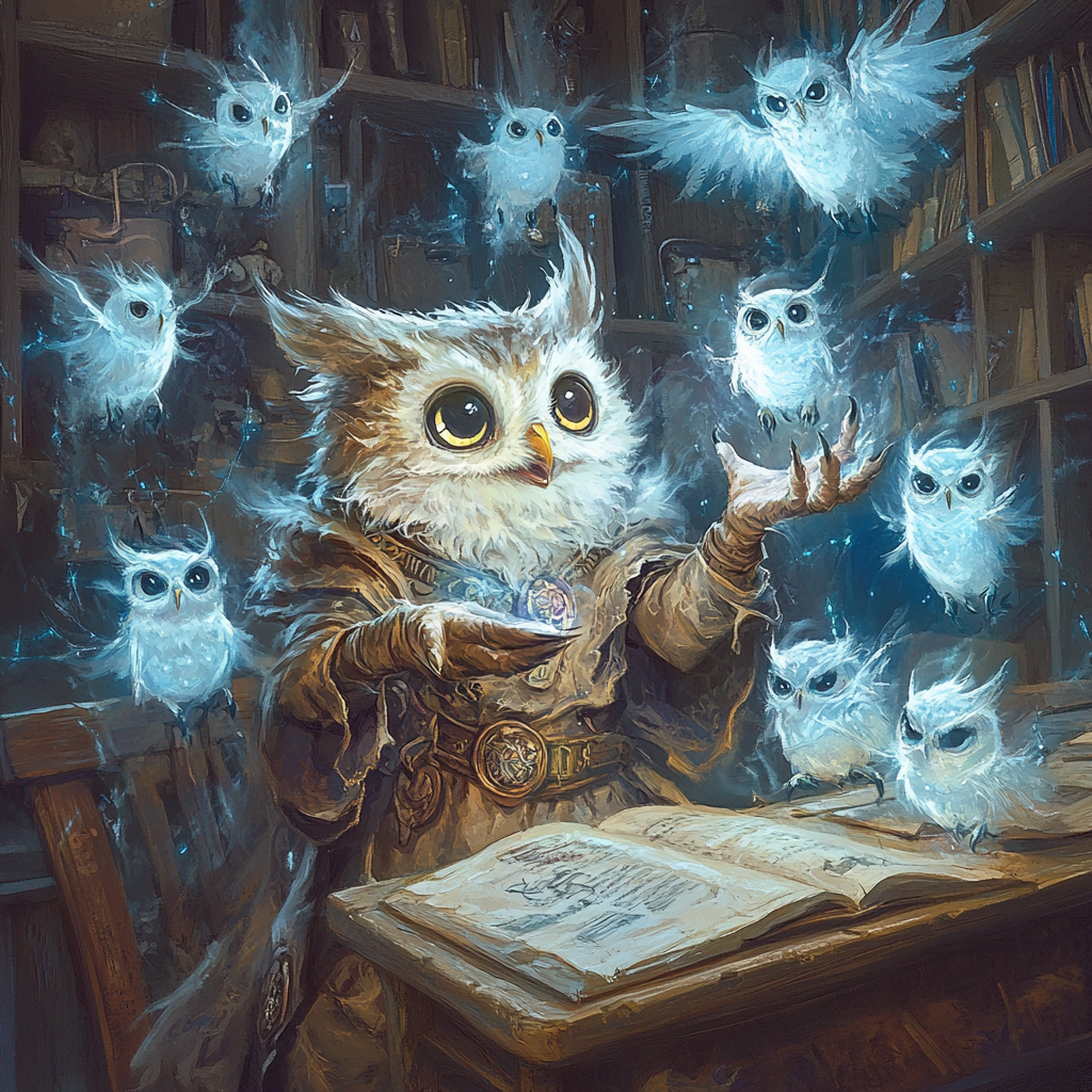 Small happy owlin wizard casting big spell, ethereal owls.