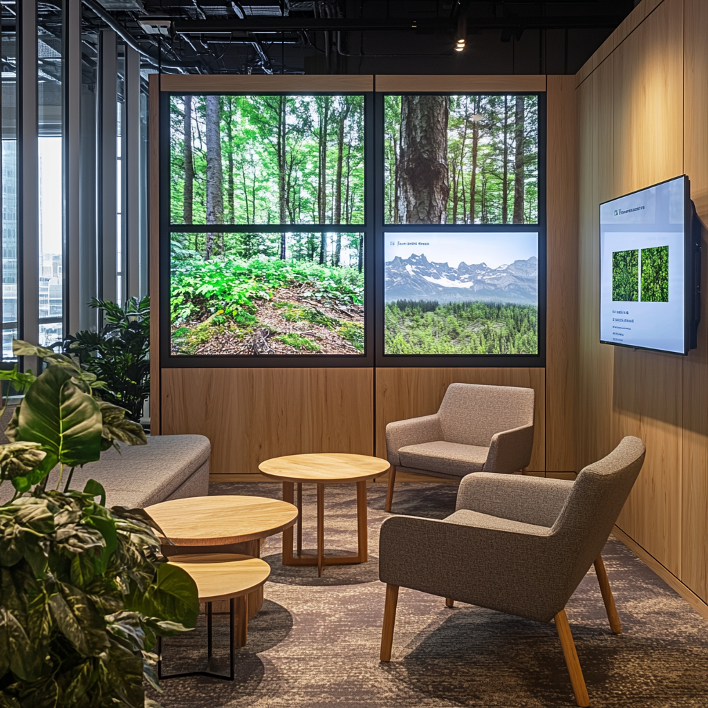 Small lounge with digital displays, Canadian nature themes.