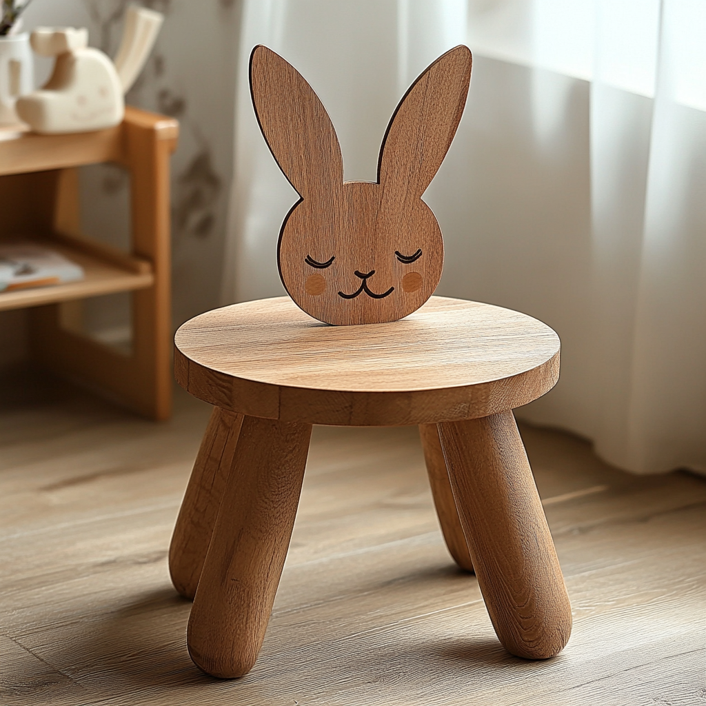 Small round rabbit stool for kids, solid wood, backrest 