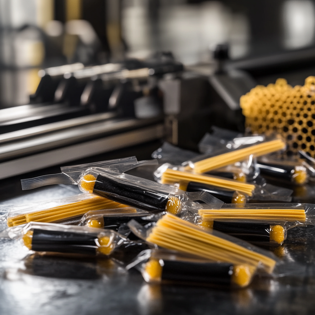 Small sticks sachets with black tar liquid on lab table