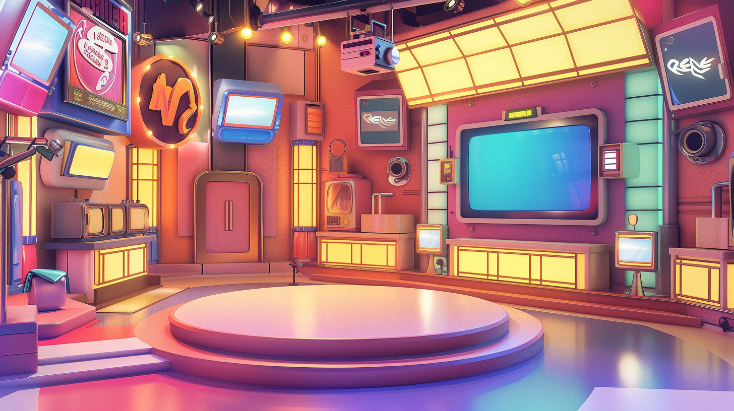 Small-town TV studio, cartoon animated show setting, no people.