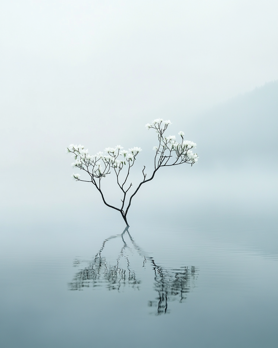 Small tree with white flowers in calm water, foggy sky.