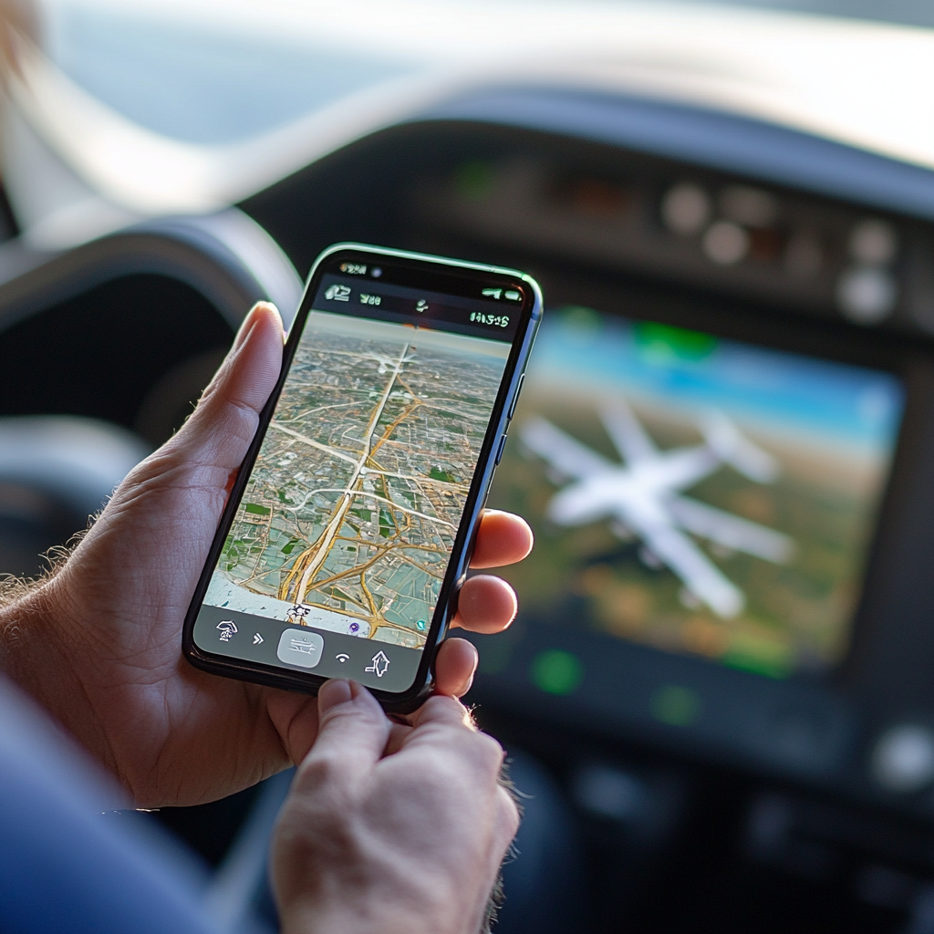 Smartphone controlling airplane through navigation app, showing flight route.