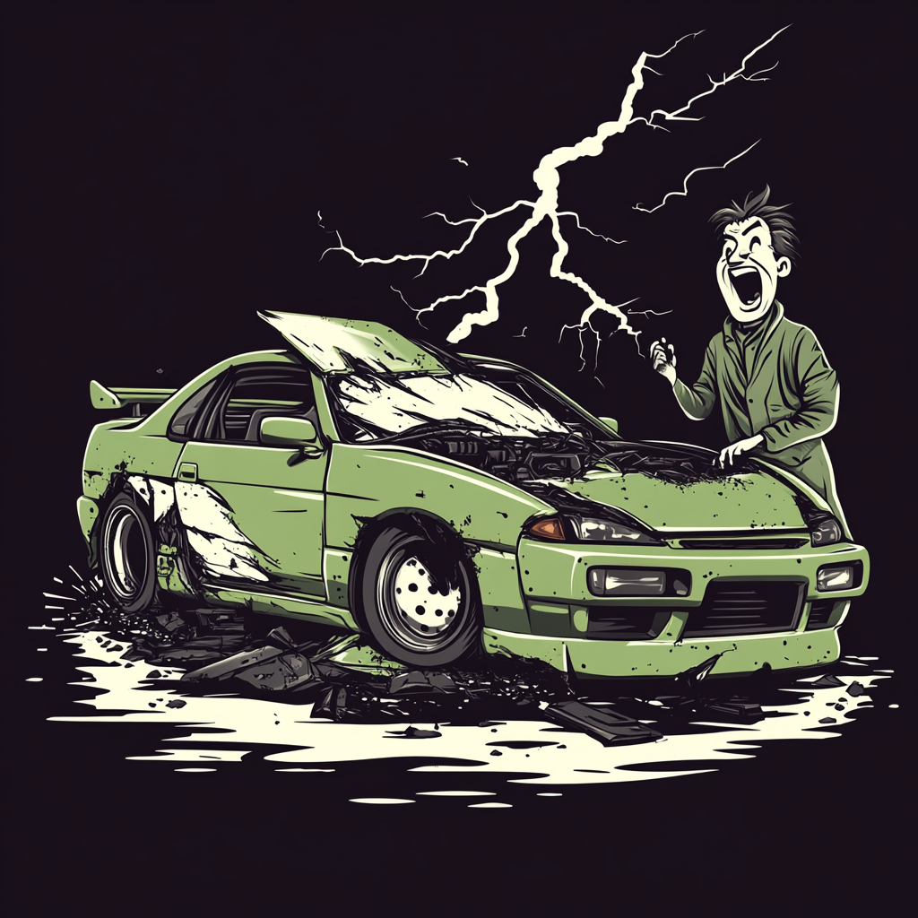 Smashed green Nissan 240sx design, lightning strikes, mad scientist laughing