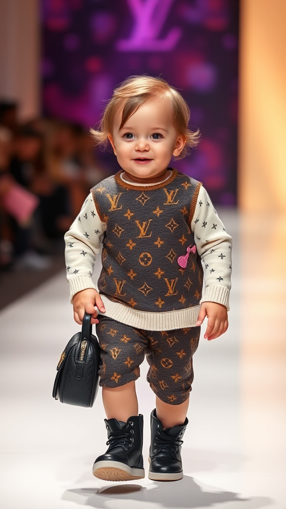 Smiley baby struts down Louis Vuitton runway.