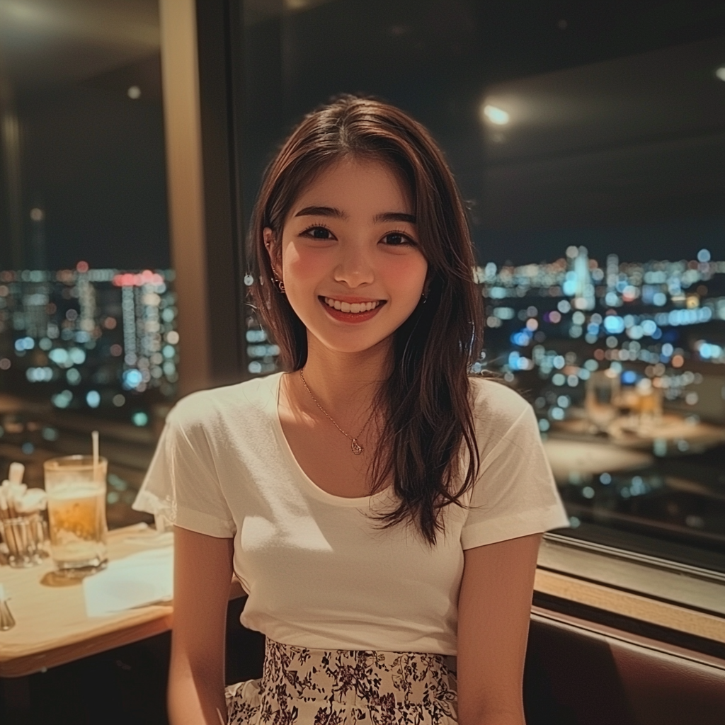 Smiling 17yo with perfect makeup in stylish Osaka café.