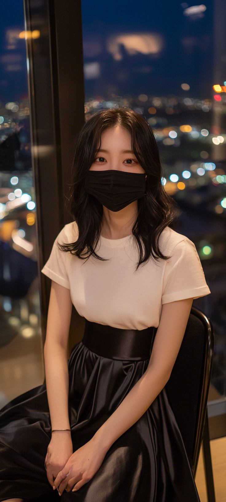 Smiling 20yo idol in stylish outfit at stylish bar.