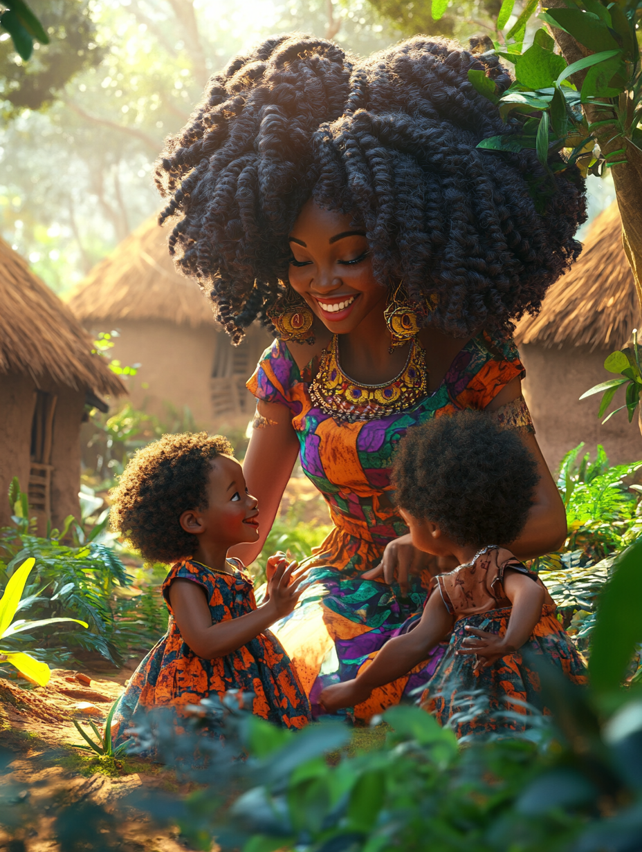 Smiling African woman with large hair plays with kids.