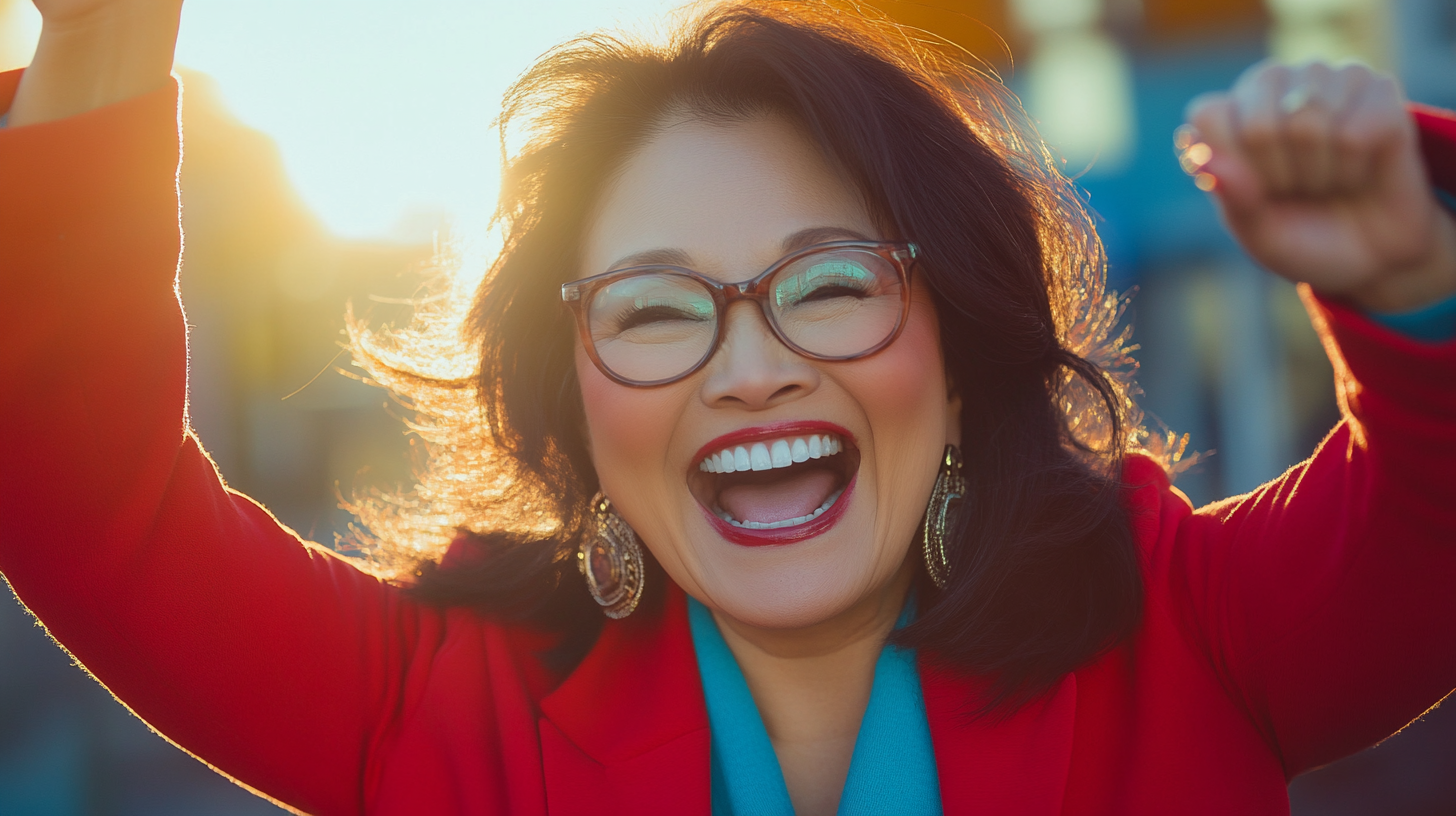 Smiling Asian woman celebrating victory with playful high-five.