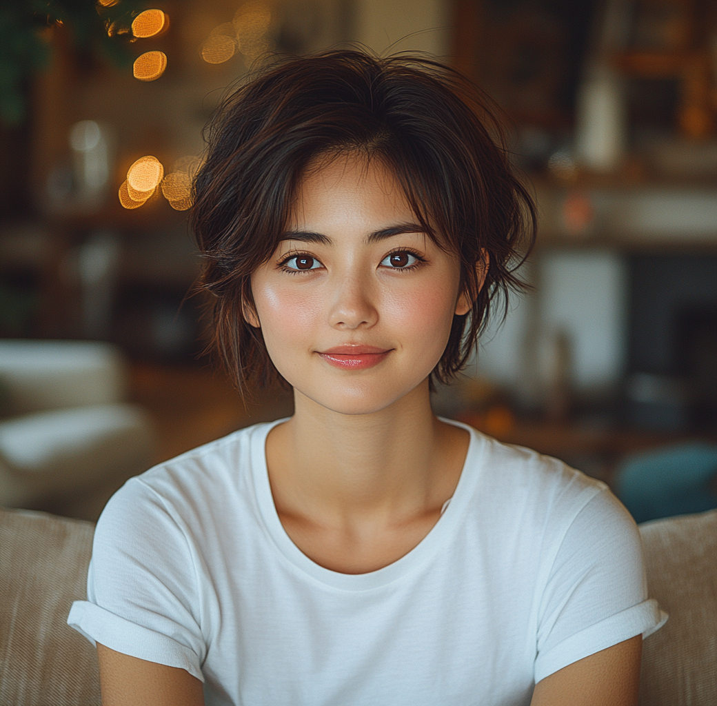 Smiling Asian woman in Christmas living room. White t-shirt.