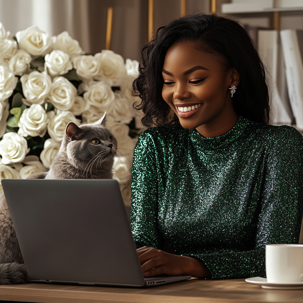 Smiling Black Woman in Green Top with Laptop, Cat and Coffee in Cozy Home Office