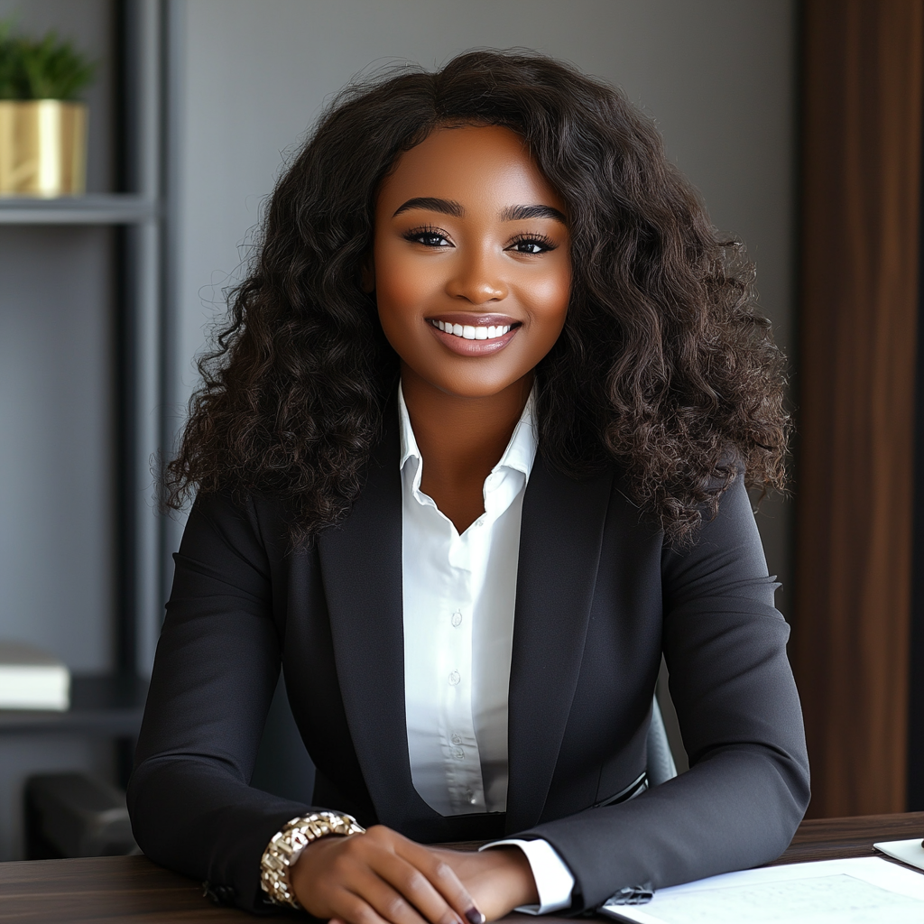 Smiling Black model in business suit at office desk.