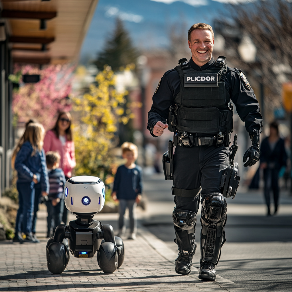 Smiling Canadian Police Officer Patrols City with Walking Robot