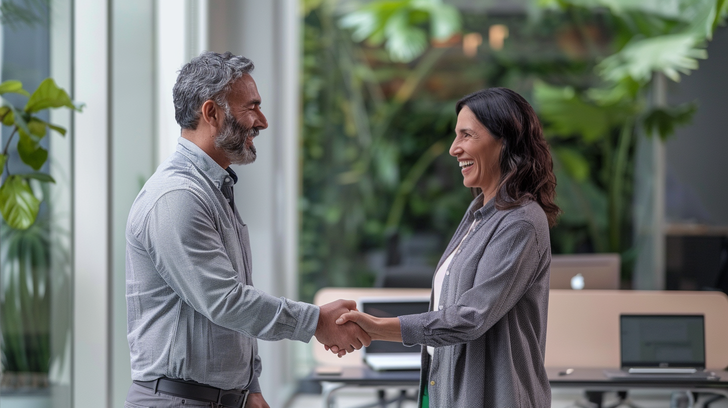 Smiling Couple Shake Hands in Modern Office Setting