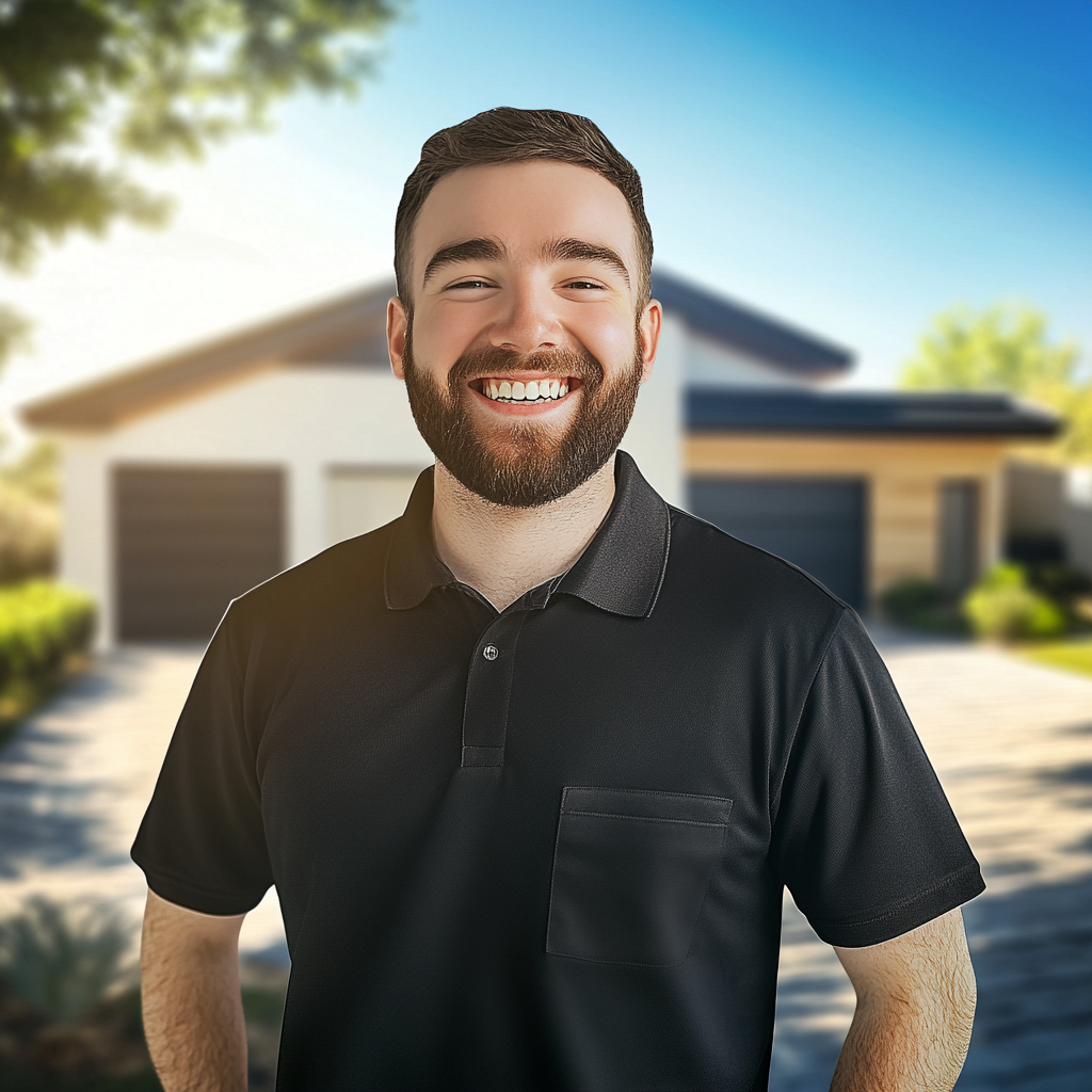 Smiling Engineer by Modern House on Sunny Day