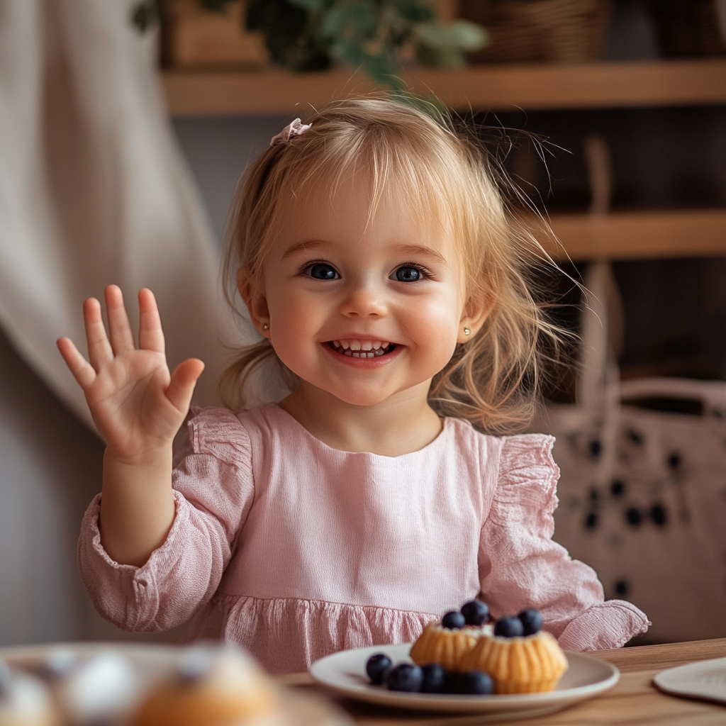 Smiling Girl in Pink Eating Blueberry Friand