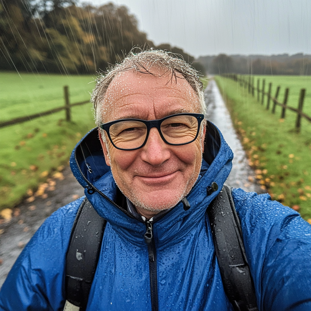 Smiling Grandpa in Rainy English Countryside