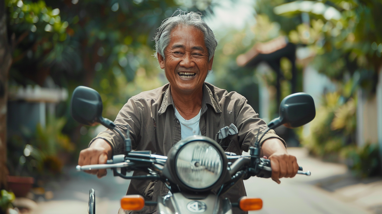 Smiling Indonesian man rides Yamaha RX King in garden