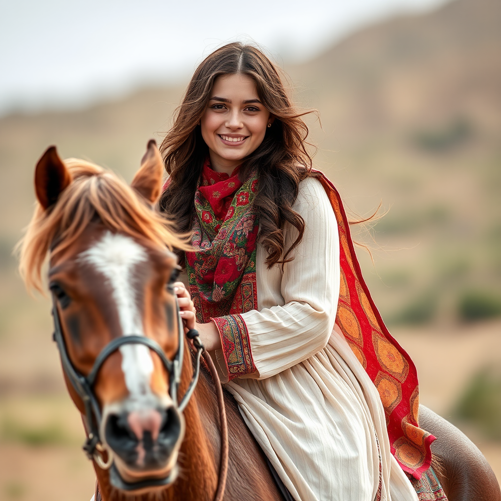 Smiling Iranian girl riding brown horse in local dress.