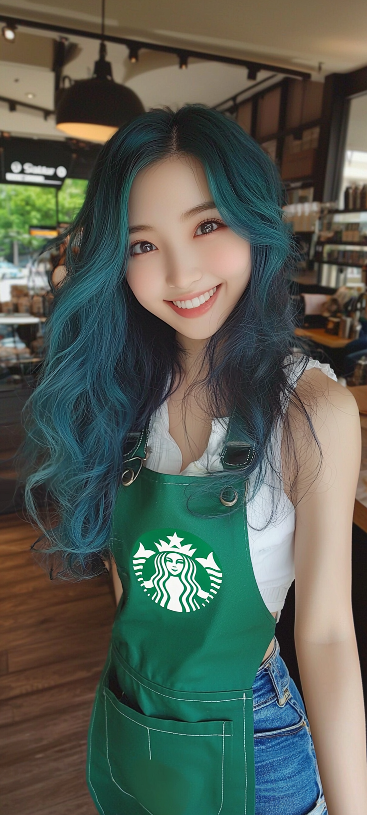 Smiling Japanese Starbucks employee with long wavy blue hair.