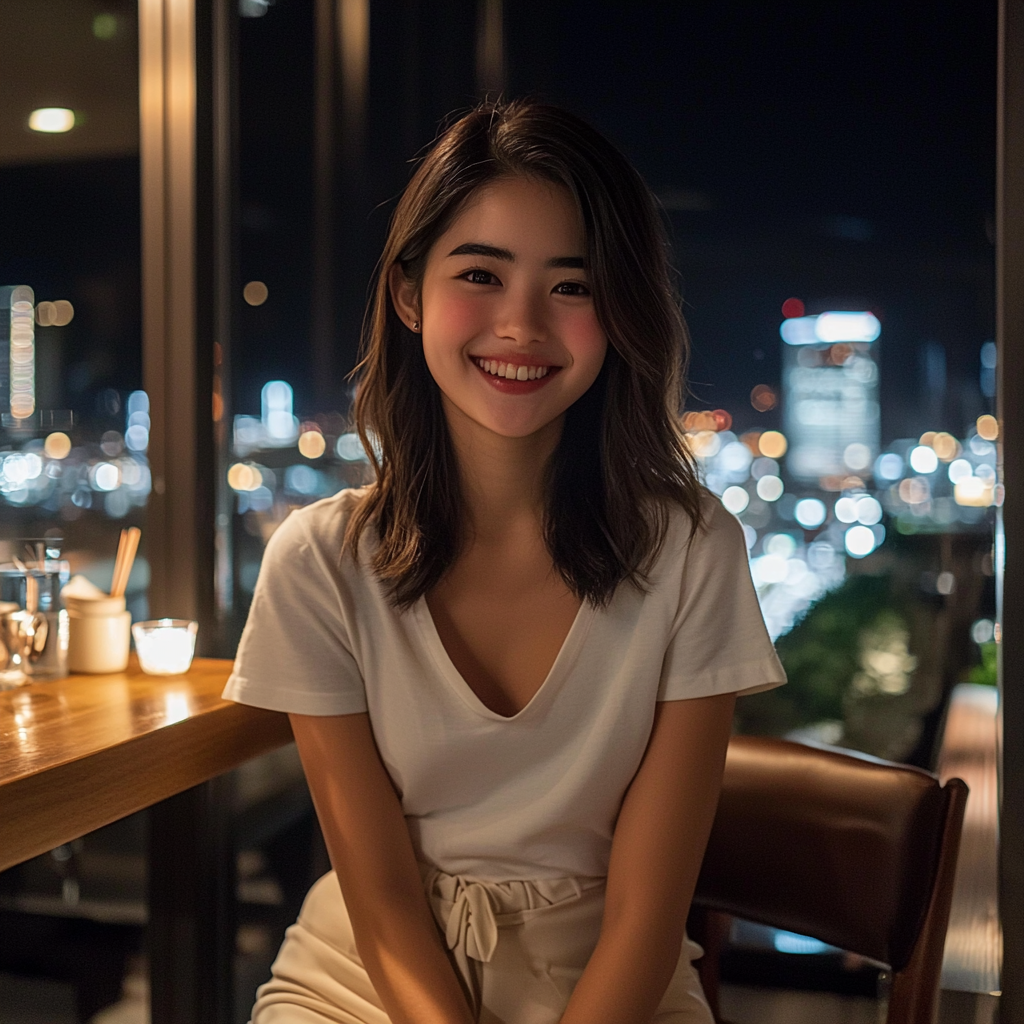 Smiling Japanese TV personality in stylish bar setting.